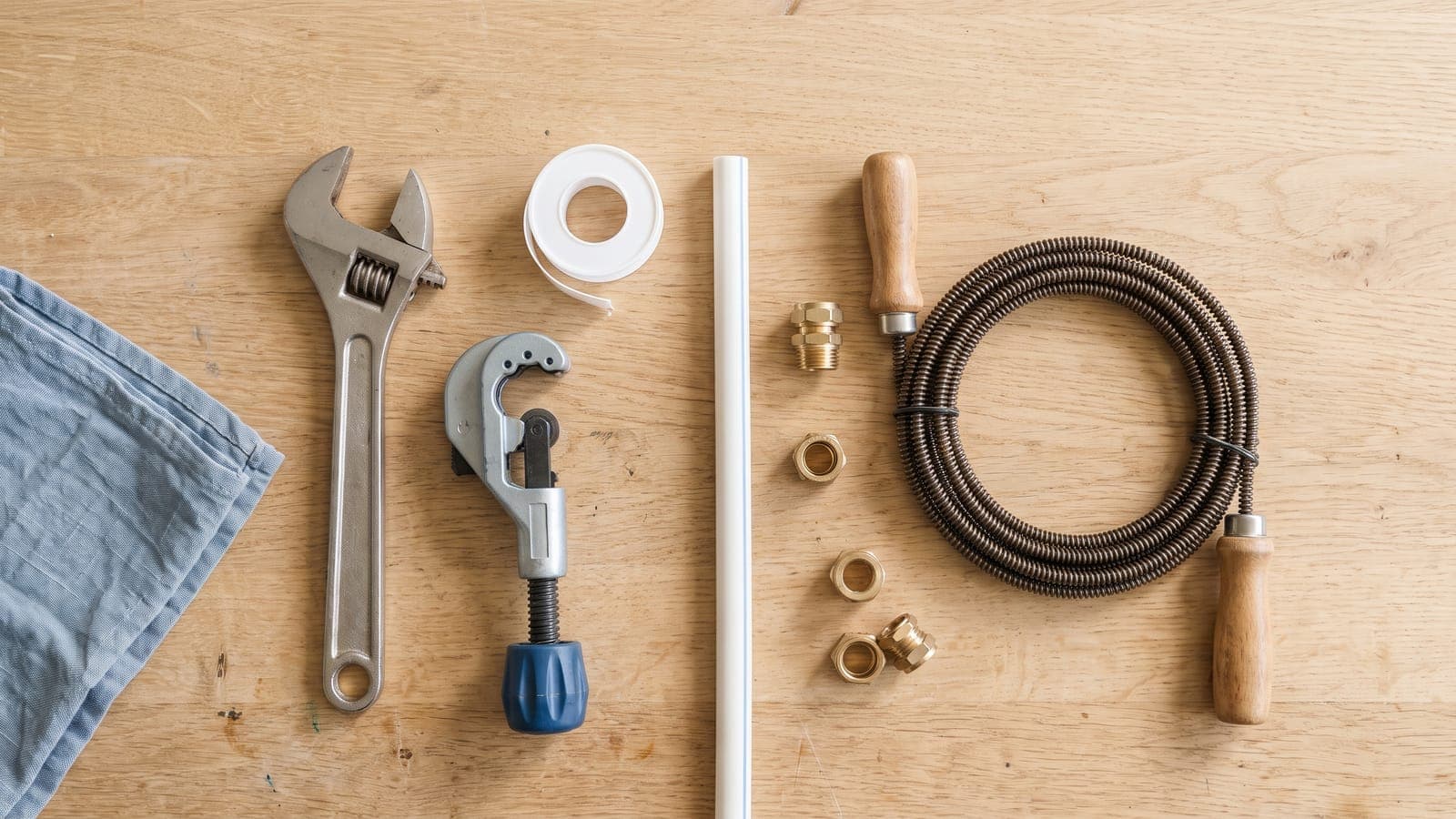 Clé à molette, coupe-tube, ruban téflon, raccords en laiton et furet posés sur un établi