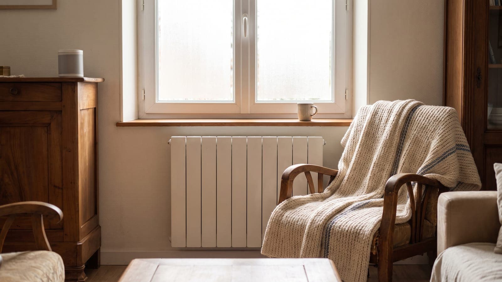 Radiateur sous la fenêtre d'un salon en hiver