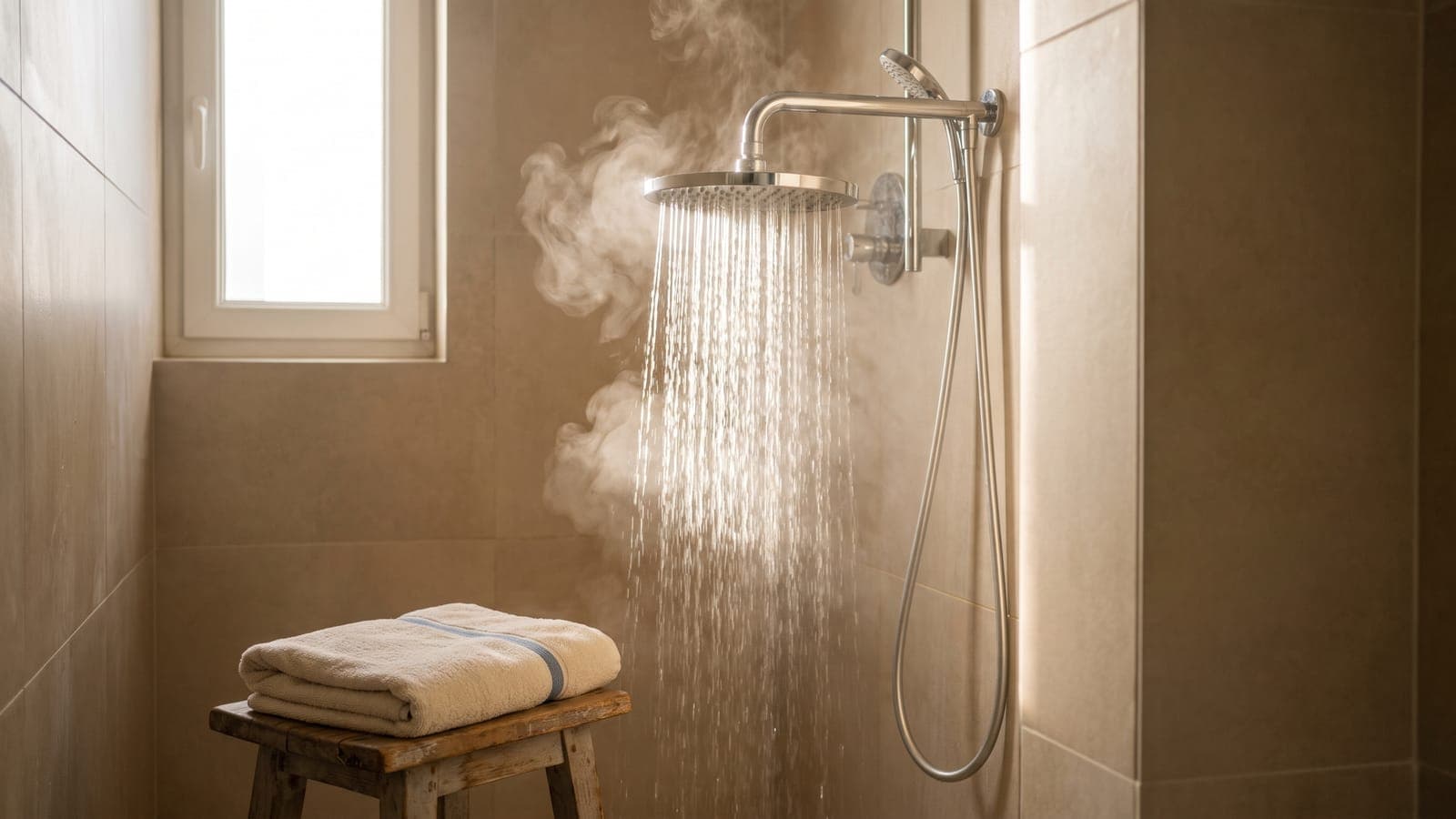 Douche qui coule chaude, vapeur dans la lumière du matin