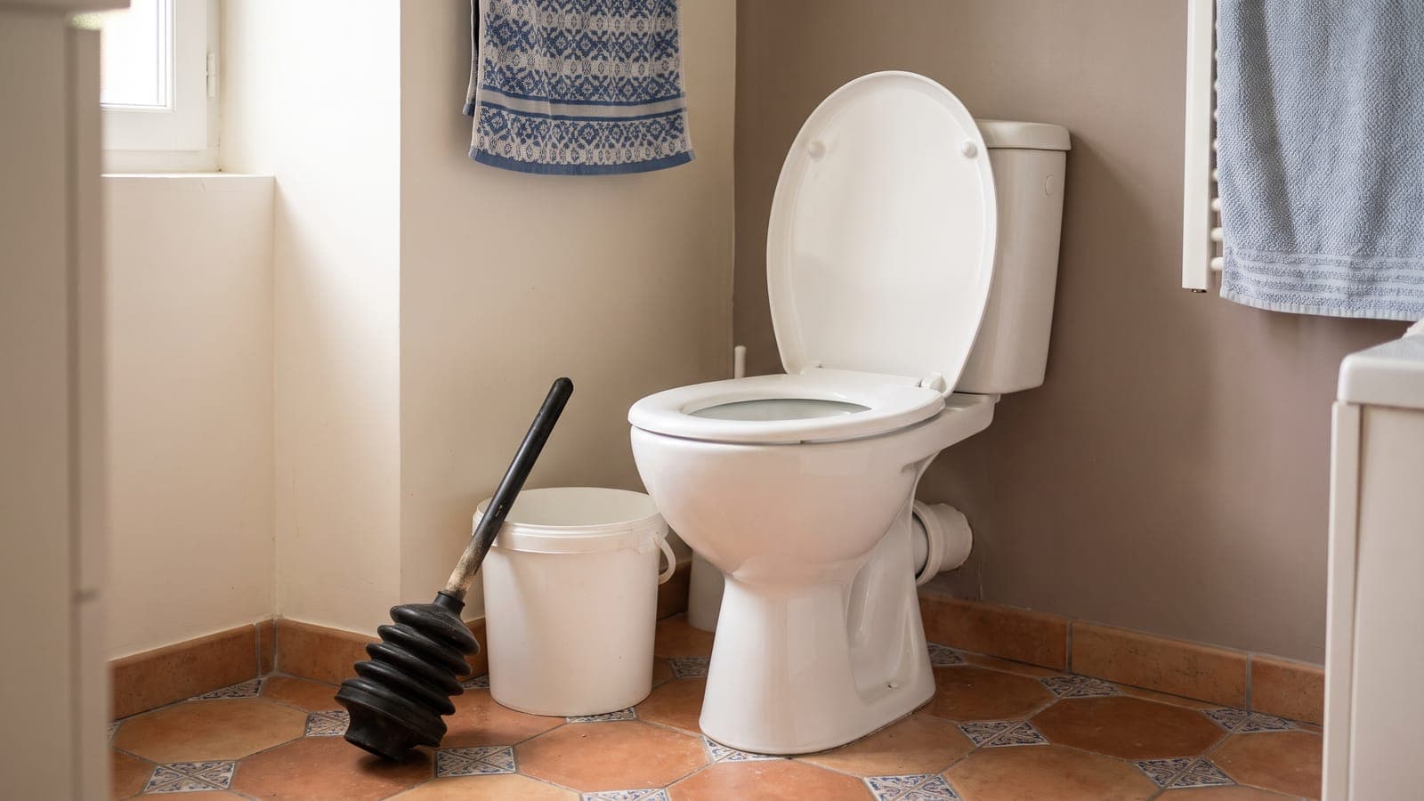 WC d'une petite salle de bains, avec une ventouse à soufflet et un seau